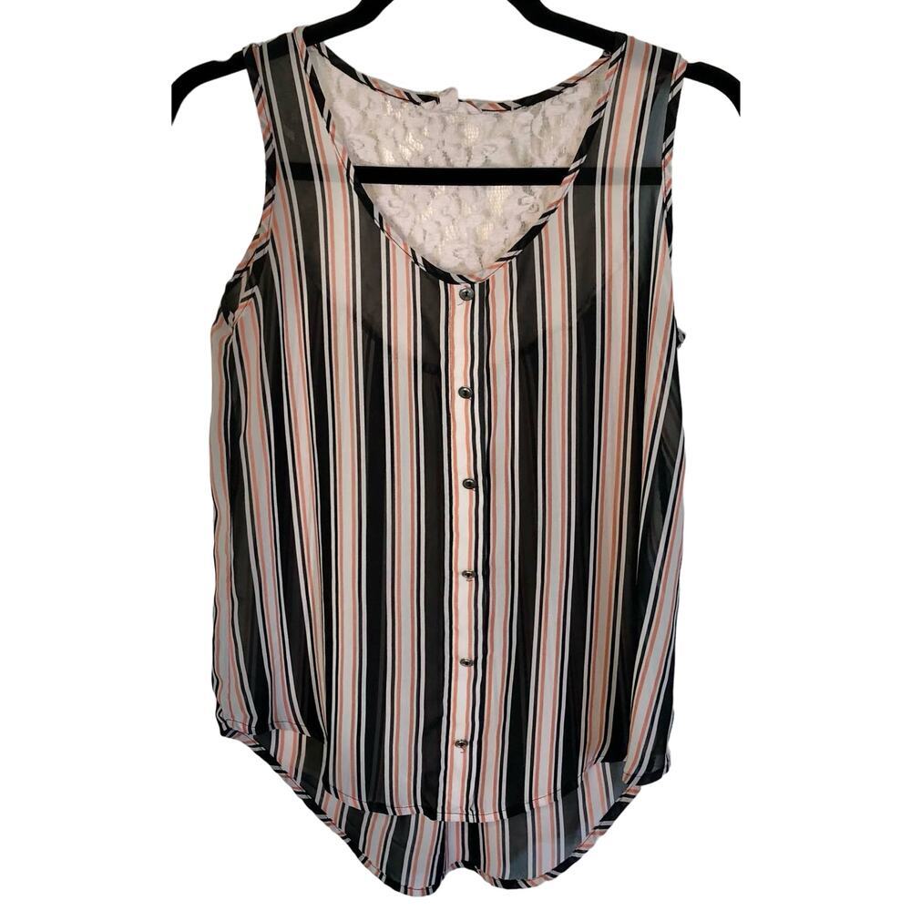 Mine Striped Sleeveless Flowy Blouse Lace Back Black White Pink Size Small
